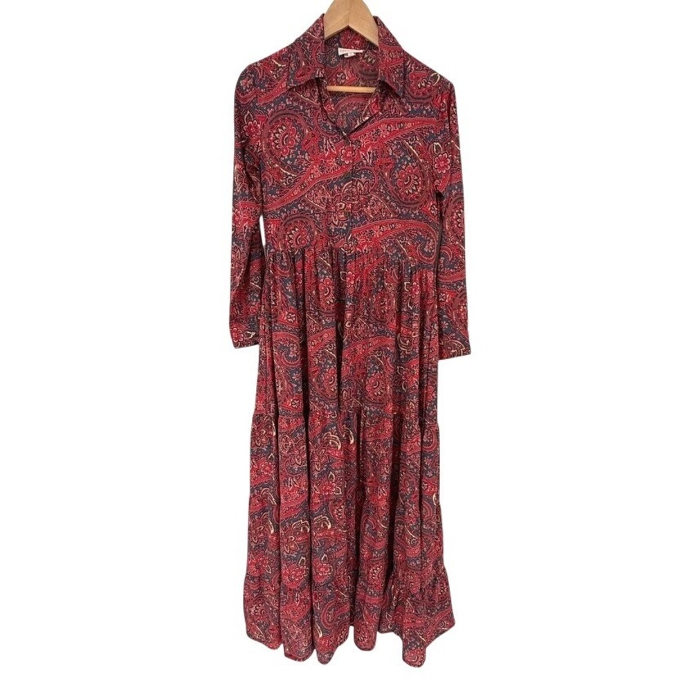 Chaudry Anthropologie Red Paisley Tiered Maxi Dress Long Sleeve Prairie Boho S
